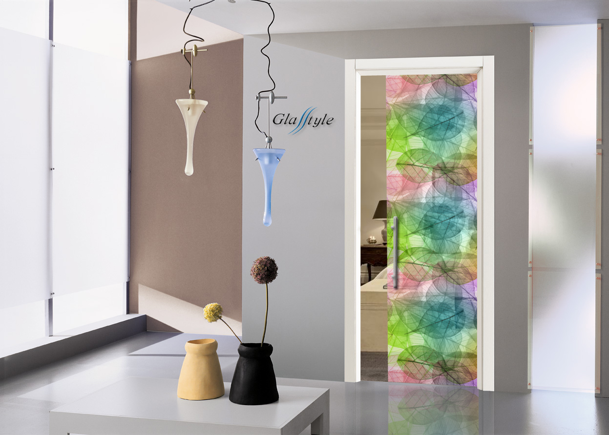 Foglie colorate porta tuttovetro scorrevole esterno muro interno muro cristallo porta vetrate artistiche venezia glasstyle serglas